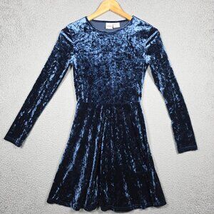 Manguun Dress Kids Size Large Navy Blue Velvet Long Sleeve Midi  A Line Skater